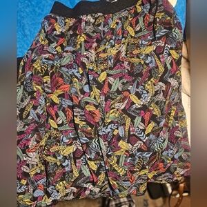 LuLaRoe Black Skirt with Multicolor Feather Design. Size Large
